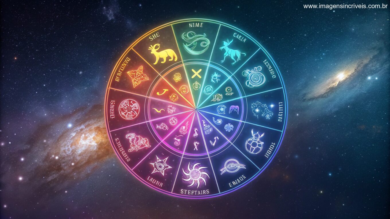 imagem de roda do zodíaco representando os signos em um fundo cósmico