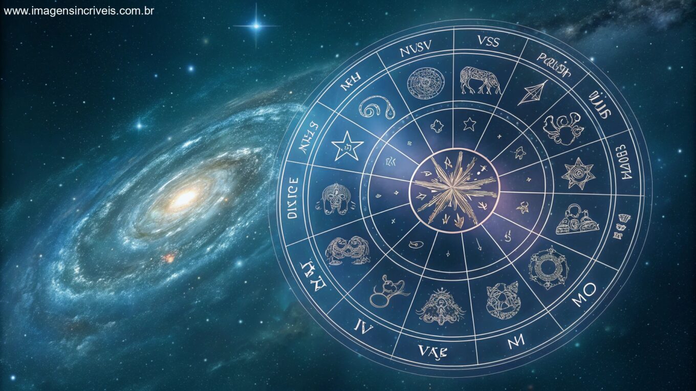 Imagem dos signos do zodíaco em um padrão circular com fundo cósmico