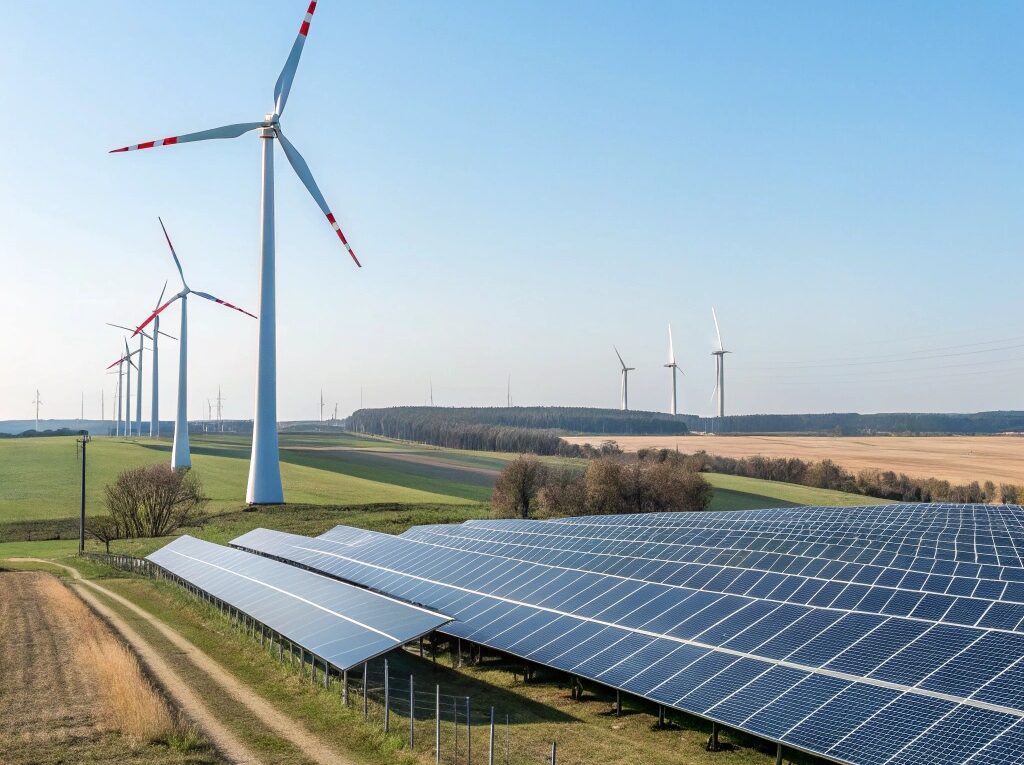 Paisagem serena com painéis solares e turbinas eólicas sob um céu azul claro, simbolizando a adoção de energia renovável