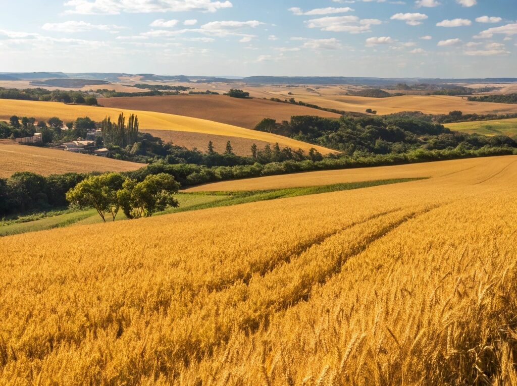 Campo vasto de grãos dourados sob um céu azul brilhante