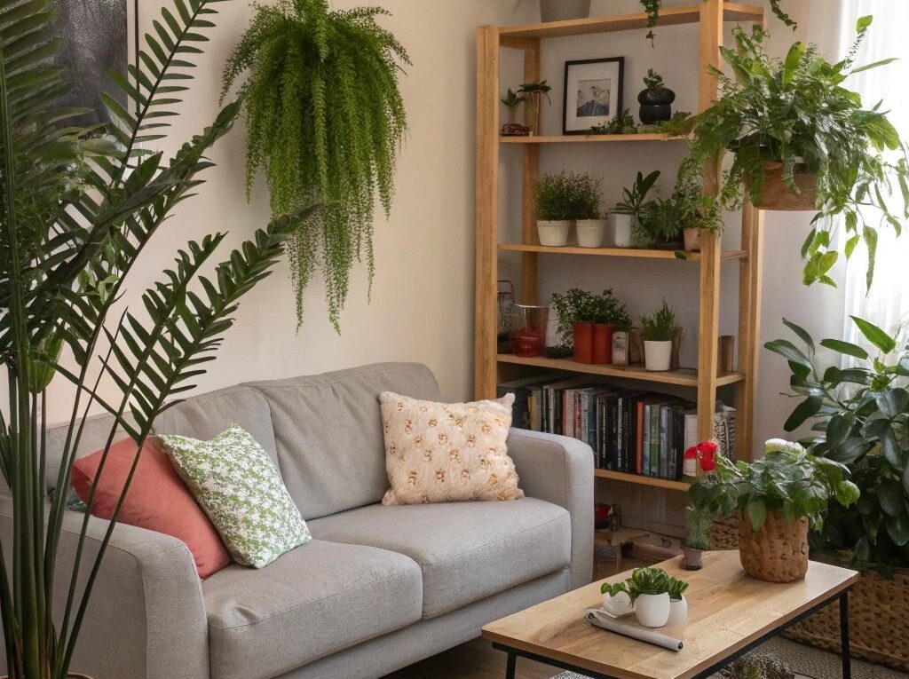 Sala de estar aconchegante com várias plantas de interior integradas a móveis modernos