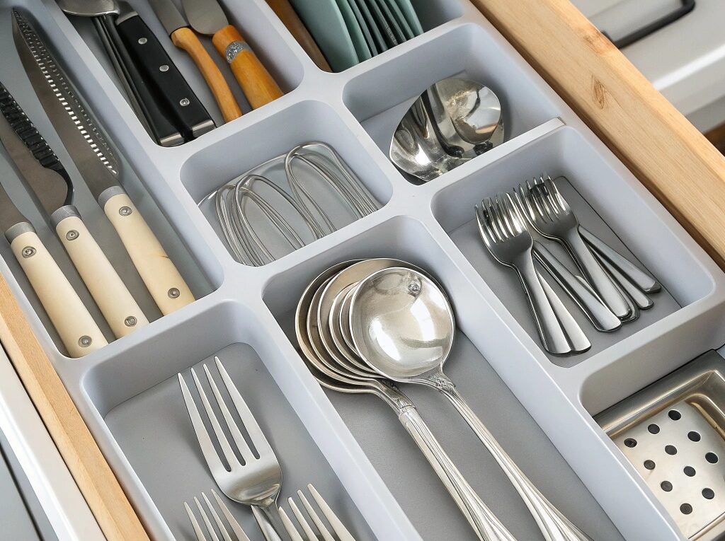 Gaveta de cozinha organizada com utensílios categorizados