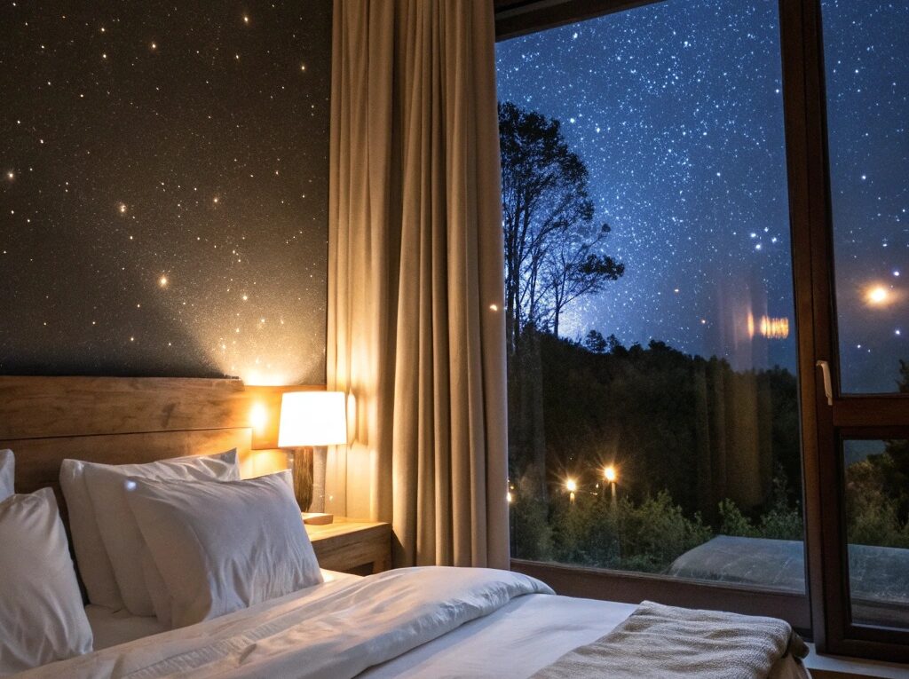 Quarto sereno à noite com iluminação suave, cama confortável com lençóis brancos e janela mostrando um céu estrelado.