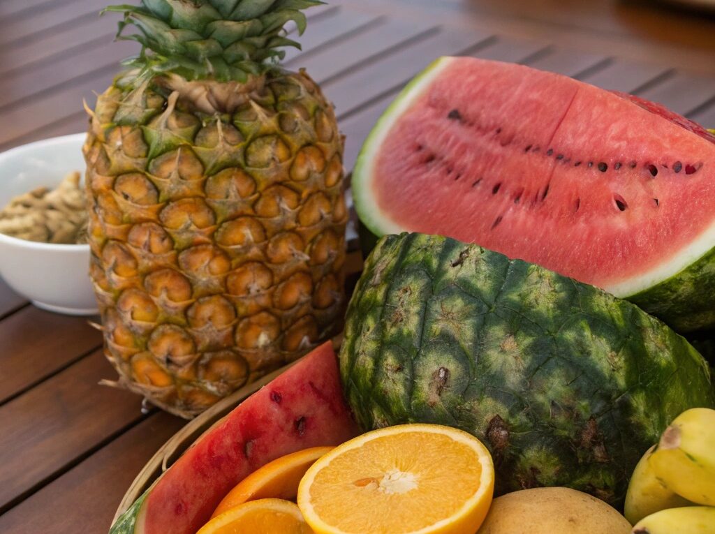 Frutas frescas de Lucas do Rio Verde-MT dispostas em uma mesa de madeira para sucos detox.