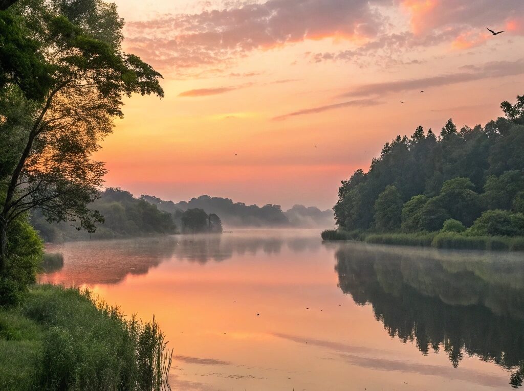 Cena serena de um nascer do sol sobre um lago calmo, cercado por vegetação exuberante e alguns pássaros voando ao longe.