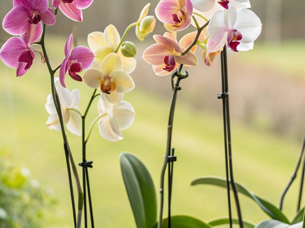 Quatro orquídeas diferentes com flores vibrantes e saudáveis, em um fundo natural e suave