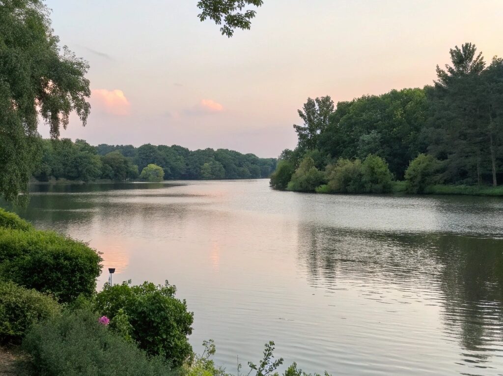 Cena tranquila de uma tarde com um lago calmo refletindo os tons suaves do céu, cercado por vegetação exuberante e uma brisa suave.