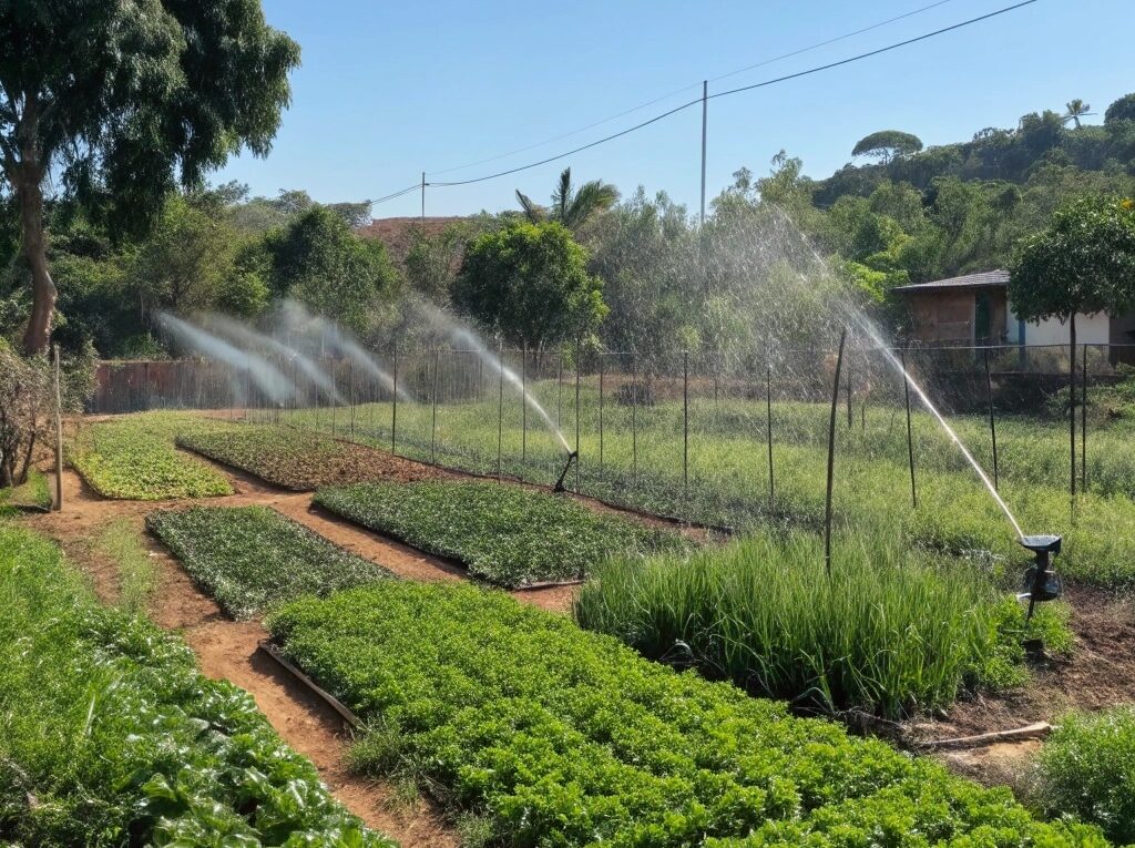 Horta em Lucas do Rio Verde-MT com quatro técnicas de irrigação em uso.