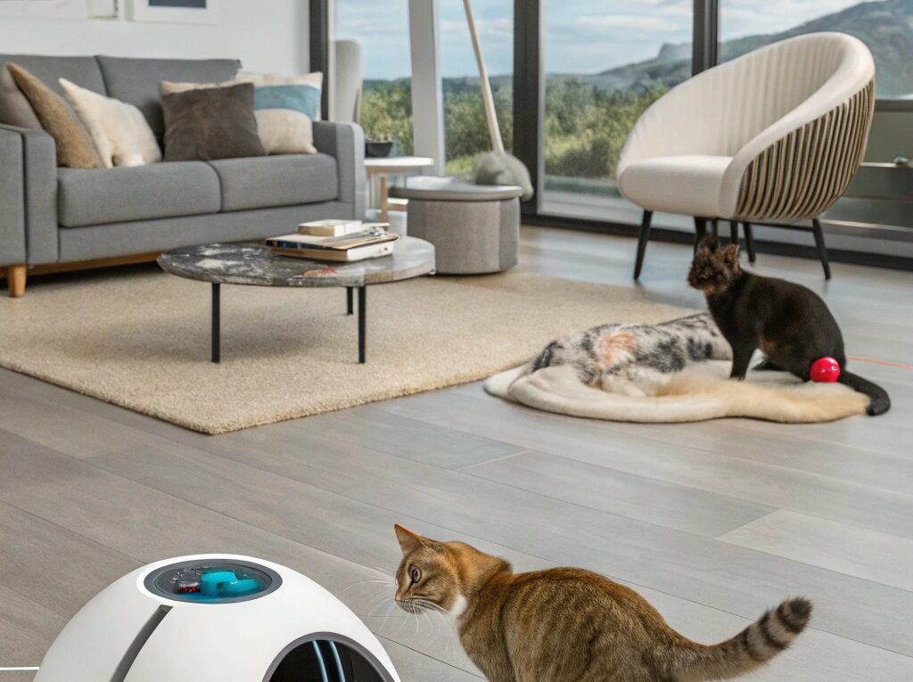 Cenas criativas e futuristas mostrando cinco formas inovadoras de entreter gatos dentro de casa em 2025.