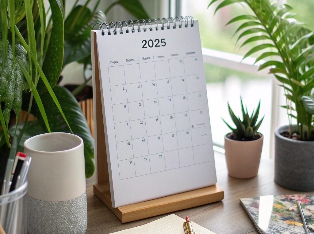 Espaço de trabalho tranquilo com calendário marcado para o final da semana em 2025, com luz natural e plantas, simbolizando produtividade e definição de metas.