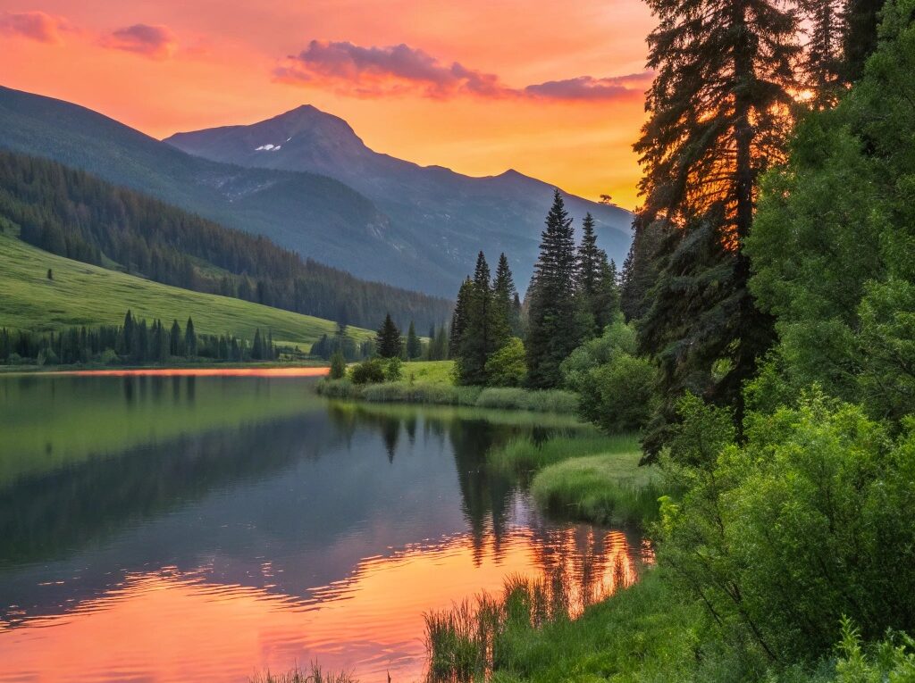 Pôr do sol sereno sobre um lago calmo com cores vibrantes refletindo na água, cercado por vegetação exuberante e montanhas distantes