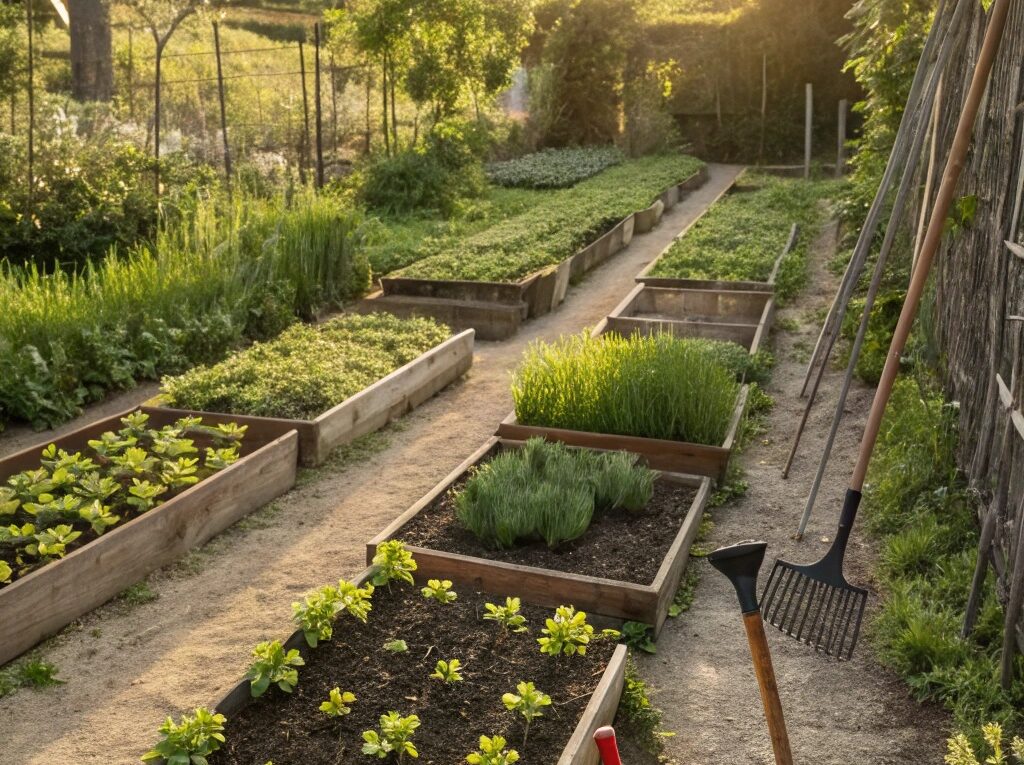 Horta caseira com plantas organizadas em fileiras, sob luz natural, com ferramentas de jardinagem por perto