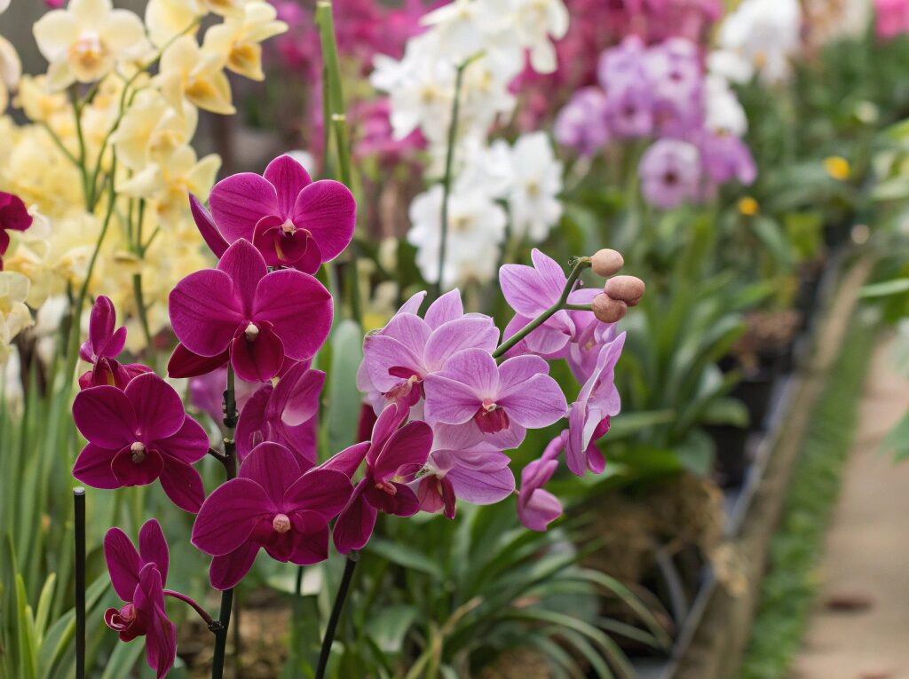 Jardim de orquídeas com flores coloridas e bem cuidadas