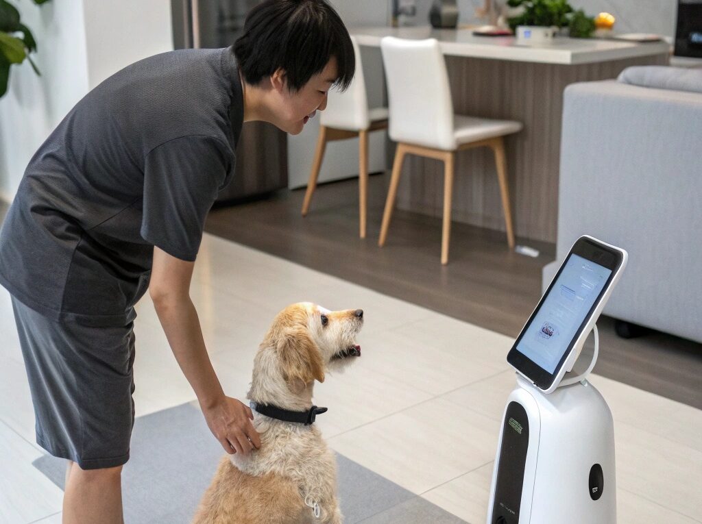 Cena futurista de uma pessoa ensinando comandos básicos a um cão usando tecnologia avançada em um ambiente doméstico moderno.