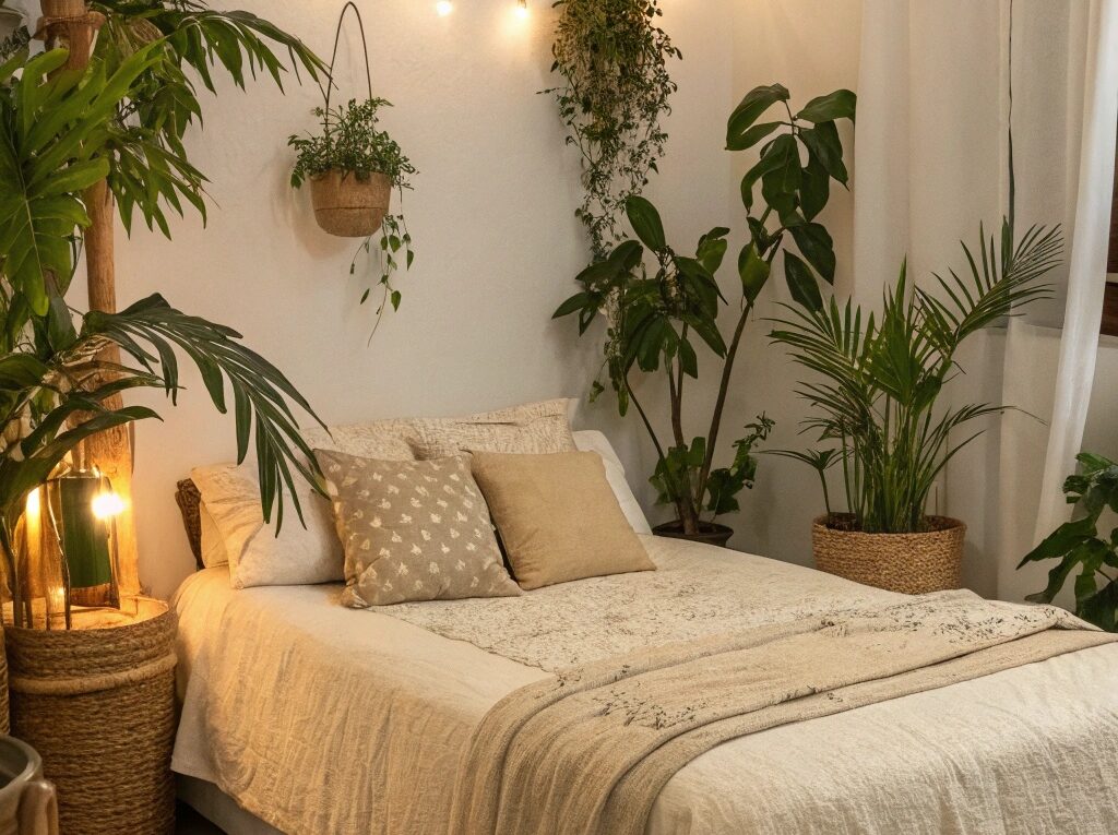 Um quarto sereno com iluminação suave, uma cama confortável com tecidos naturais e plantas criando uma atmosfera calmante