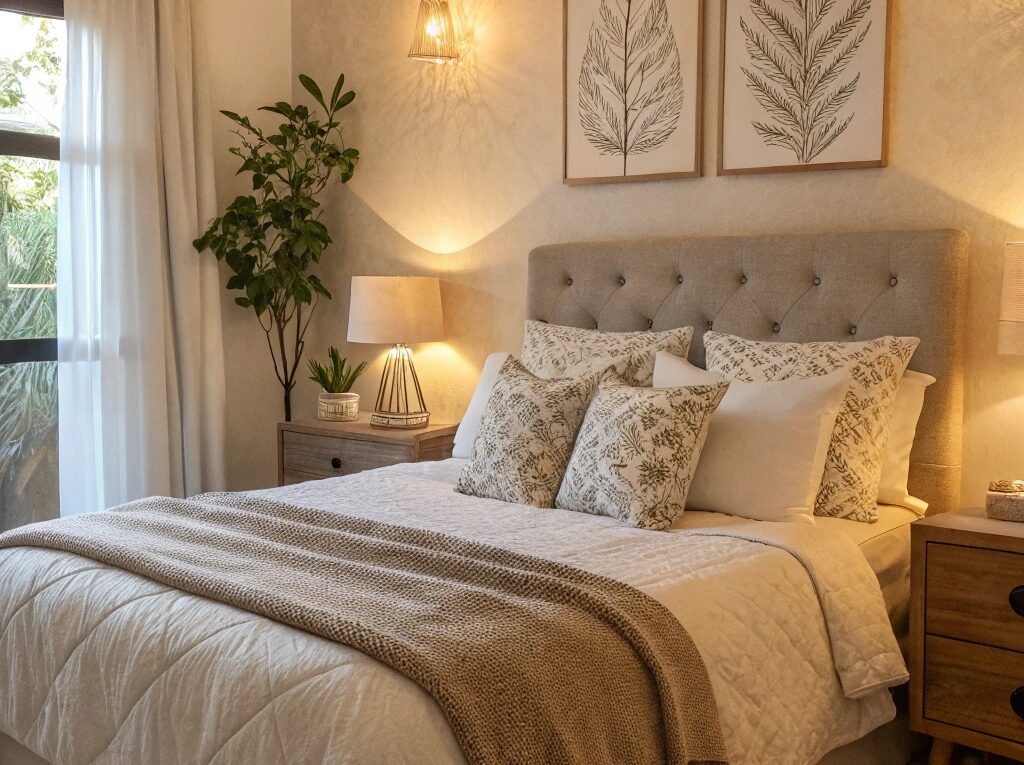 Um quarto sereno com iluminação suave, uma cama confortável com travesseiros e cobertores arrumados, e uma atmosfera calma, representando hábitos de sono saudáveis para 2025