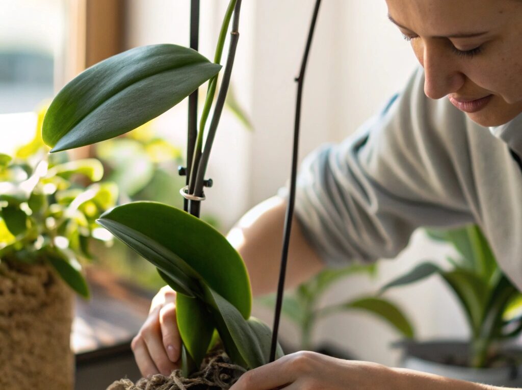 Imagem de uma pessoa transplantando uma orquídea com cuidado para um novo vaso, com luz natural suave destacando as raízes delicadas e folhas verdes vibrantes.