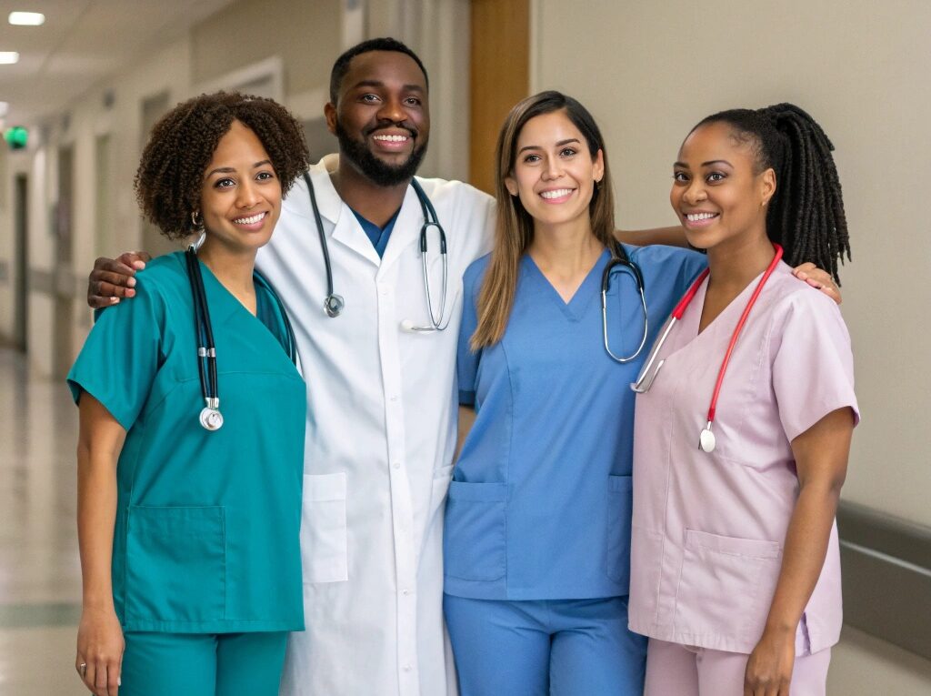 Grupo de profissionais de saúde diversos juntos em um ambiente hospitalar, representando união e colaboração na área médica.