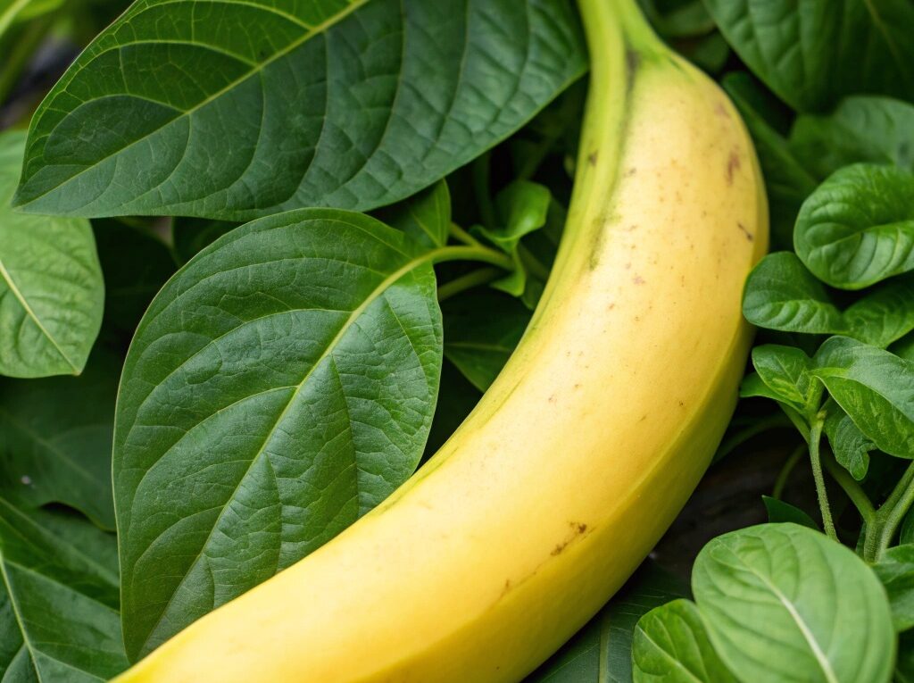 Banana saudável com folhas verdes frescas ao redor