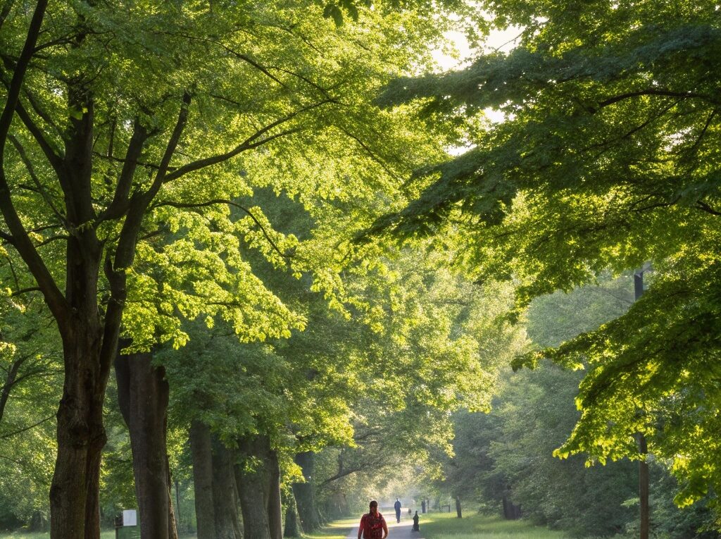 Um caminho tranquilo em um parque cercado por árvores verdes e luz do sol filtrando pelas folhas, com uma pessoa caminhando à distância