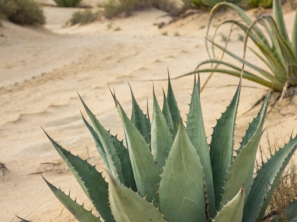 Close-up de uma planta de agave em uma paisagem desértica, destacando suas folhas grossas e pontiagudas.