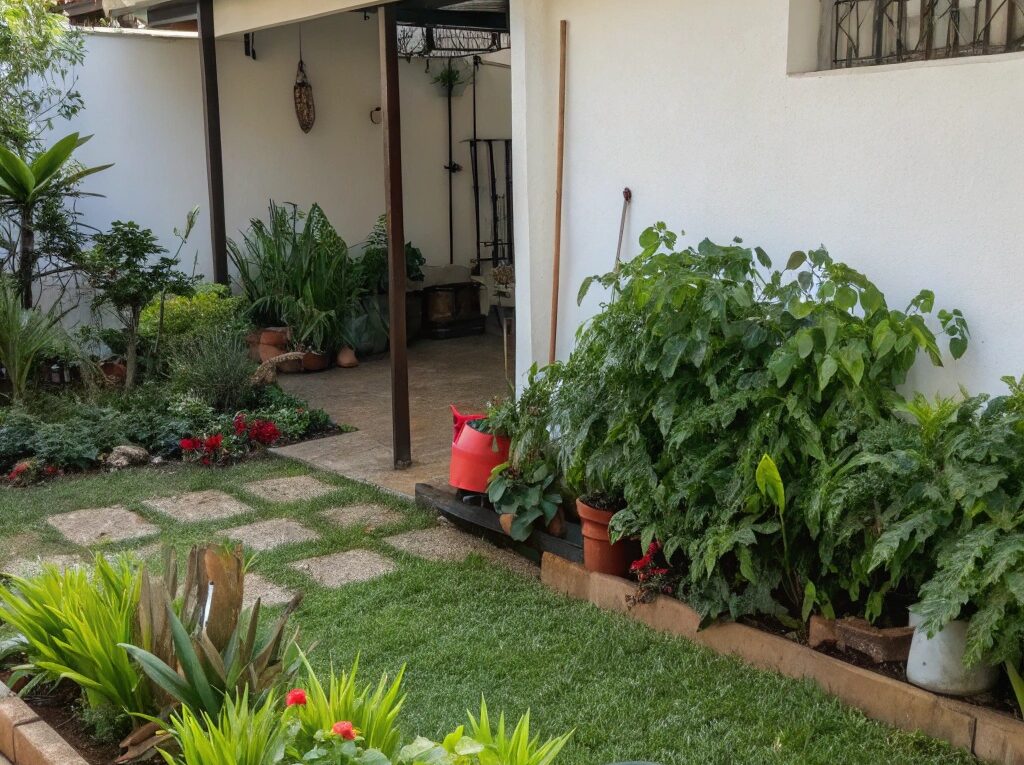 Horta caseira em Lucas do Rio Verde-MT com diversas plantas e ferramentas de jardinagem.