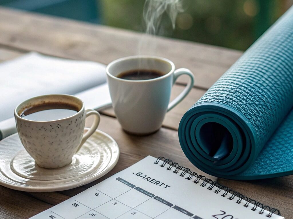 Cena matinal serena com um calendário mostrando 20 de janeiro de 2025, uma xícara de café, um tapete de yoga e um caderno com uma caneta, simbolizando hábitos energéticos para segunda-feira