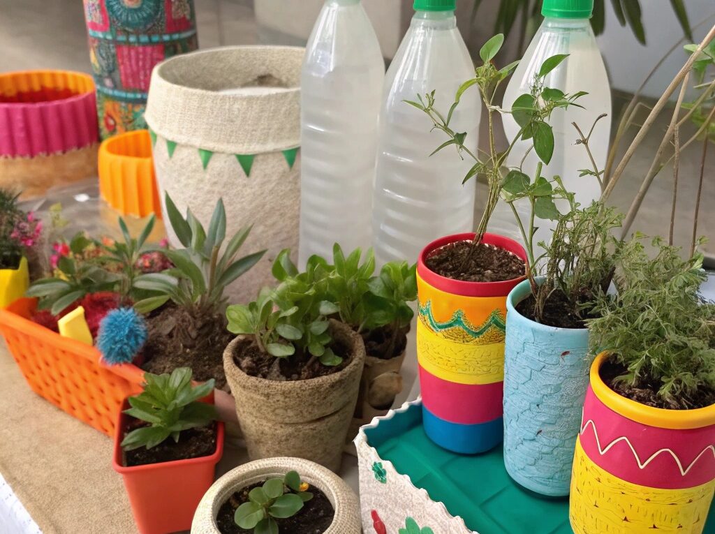 Arranjo criativo de vários artesanatos DIY feitos com garrafas PET, mostrando projetos sustentáveis e ecológicos