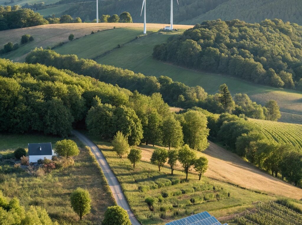 Paisagem serena mostrando iniciativas globais de combate às mudanças climáticas, com fontes de energia renovável, reflorestamento e projetos de água limpa