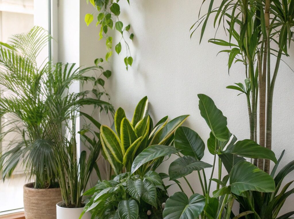 Espaço interno sereno com sete tipos diferentes de plantas de casa, cada uma em seu próprio vaso, criando um oásis verde.