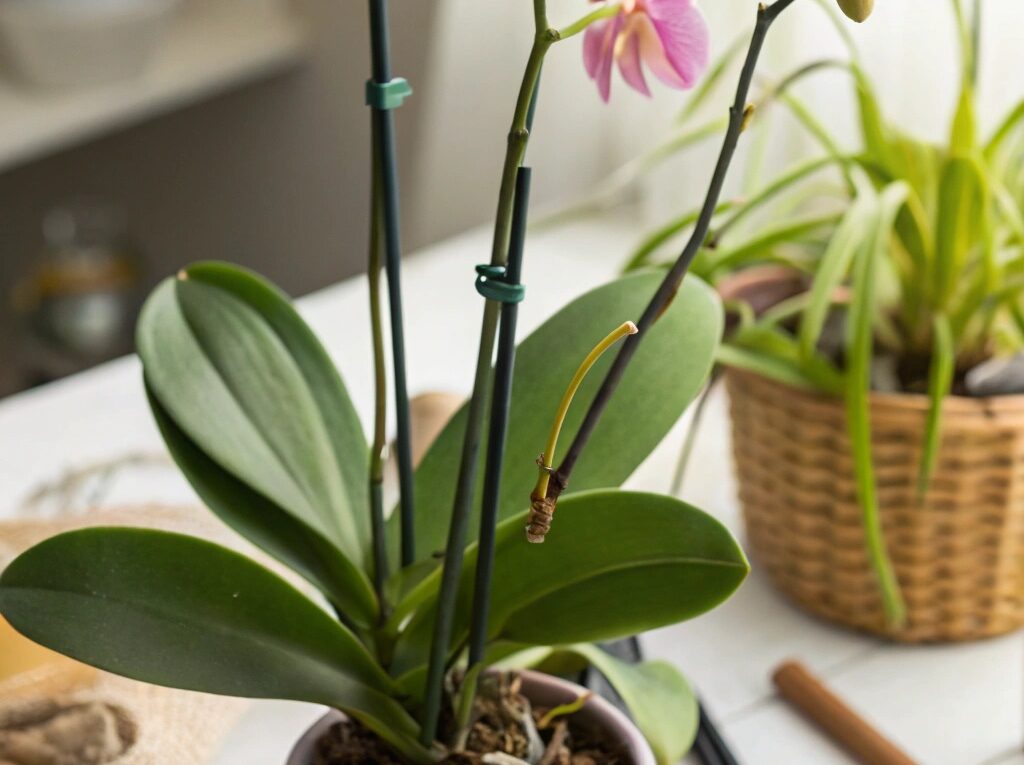 Orquídea saudável cercada por ferramentas de jardinagem em um ambiente interno bem iluminado