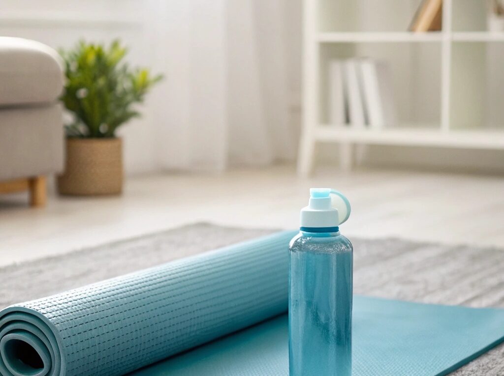 Ambiente caseiro sereno com um tapete de yoga, halteres e uma garrafa de água, mostrando um espaço para exercícios fáceis em casa