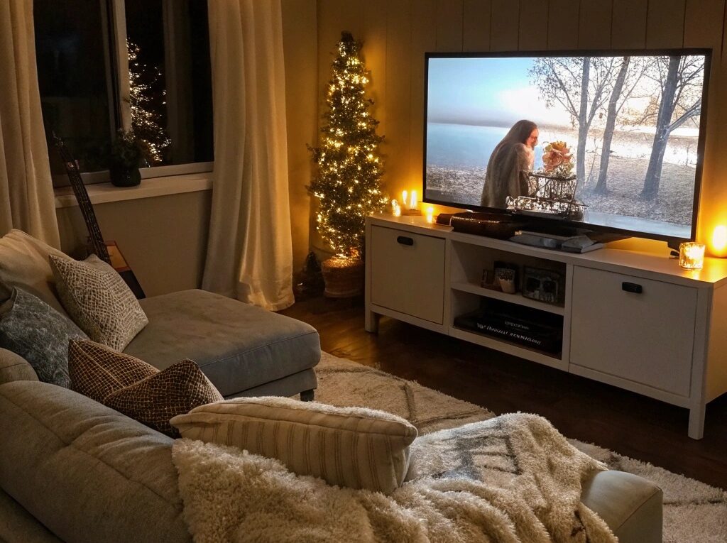 Sala aconchegante com sofá confortável, cobertores macios e uma TV mostrando uma cena relaxante de filme. A iluminação é suave e quente, criando um ambiente tranquilo.