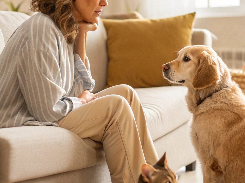 Dono preocupado observando cão e gato com sinais de desconforto em uma sala aconchegante.