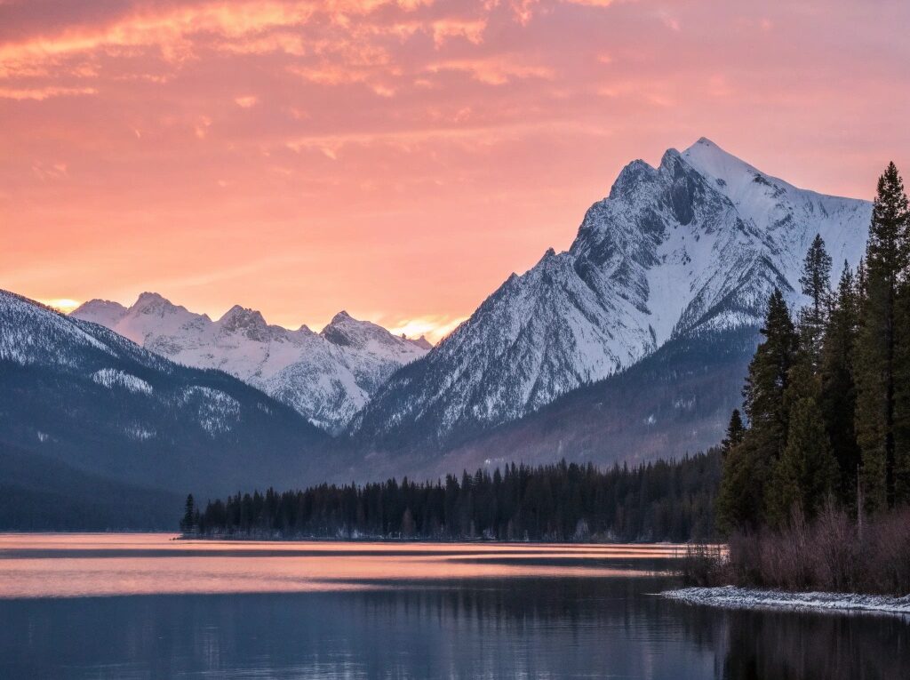 Nascer do sol sereno sobre um lago calmo com montanhas ao fundo, simbolizando um novo começo e motivação