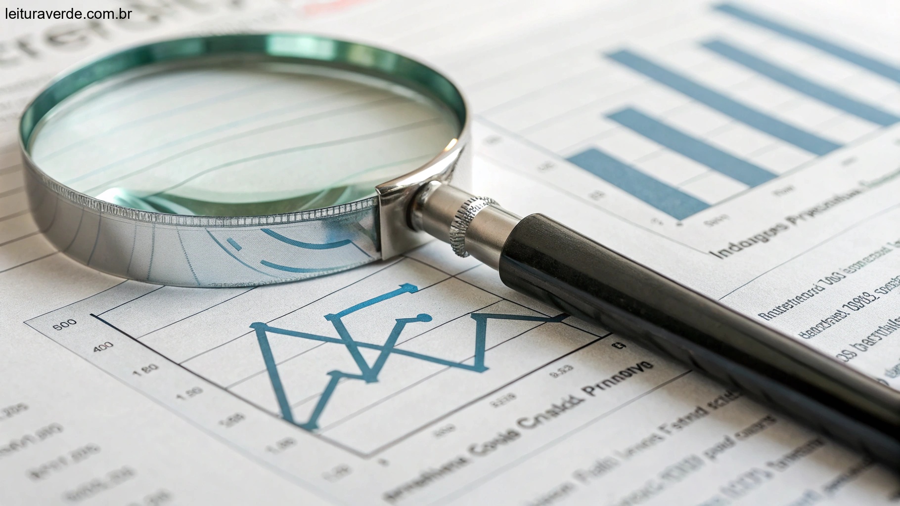 Uma lupa sobre um gráfico com linhas ascendentes, simbolizando análise e planejamento estratégico
