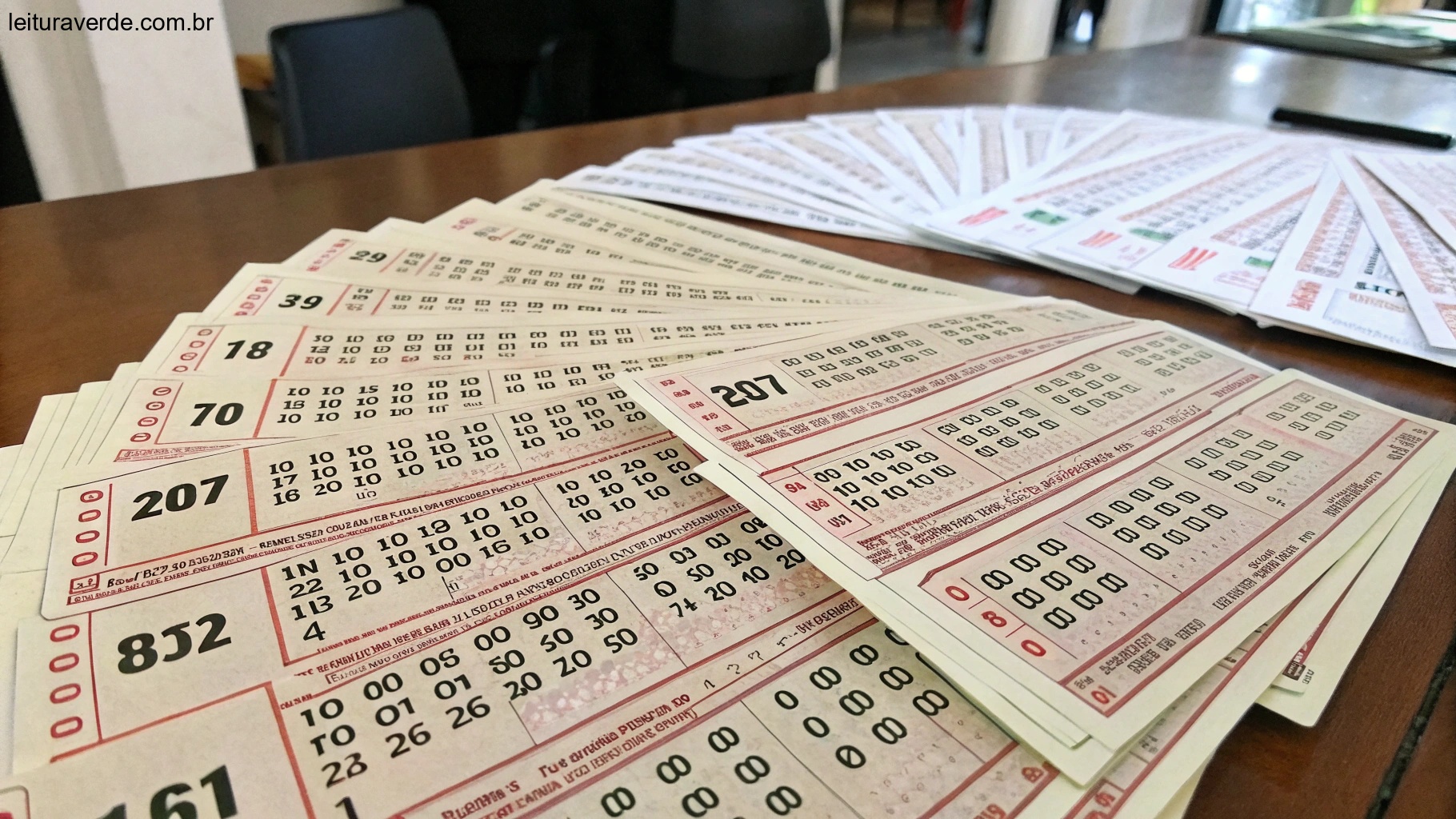 Dez bilhetes de loteria espalhados sobre uma mesa