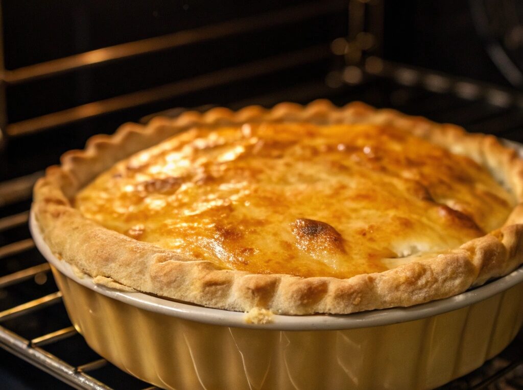 Torta de frango dourada assando no forno, com a massa ficando crocante e o recheio borbulhando levemente.