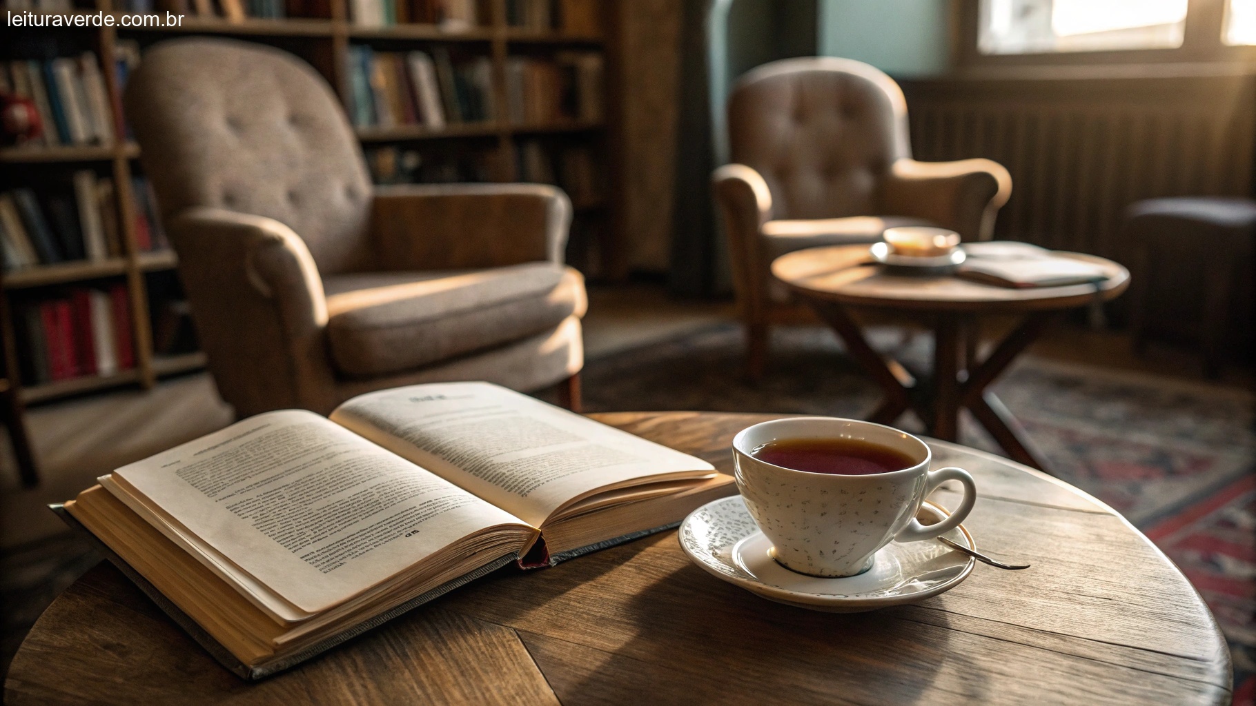 Um cantinho aconchegante para leitura com uma xícara de chá e um livro aberto, destacando os benefícios da leitura diária do salmo