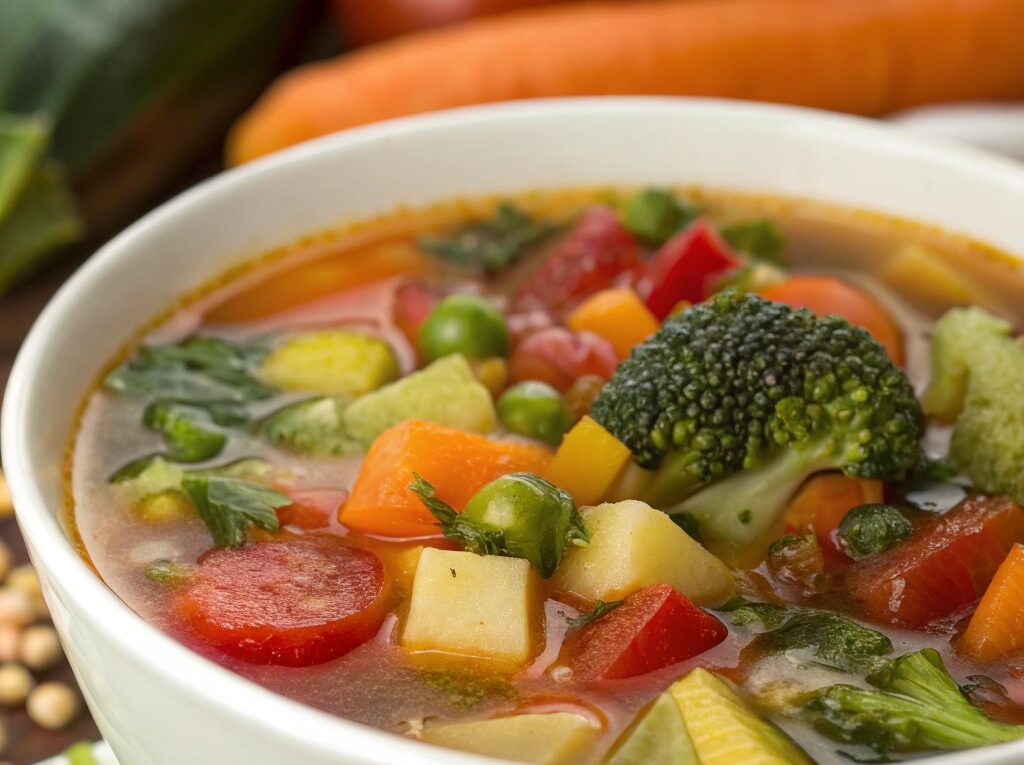 Uma tigela vibrante e colorida de sopa de legumes, destacando a frescura e os benefícios dos ingredientes, com um fundo desfocado.