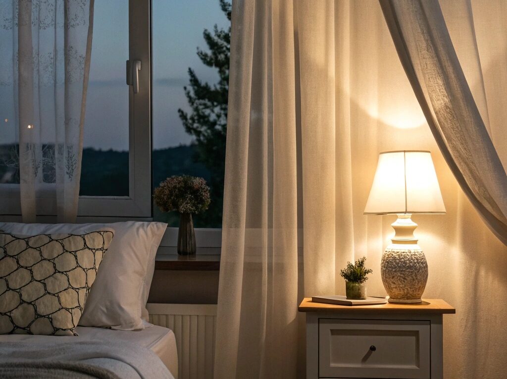 Cena noturna serena com um quarto aconchegante, luz suave da lua filtrando pelas cortinas e uma atmosfera calma ideal para sonhos leves e descanso revigorante.