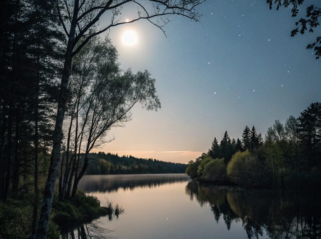 Cena noturna serena com um lago calmo refletindo a luz da lua, cercado por árvores e uma atmosfera tranquila