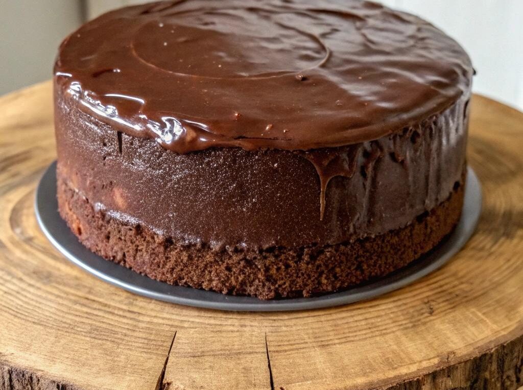 Bolo de chocolate simples com uma cobertura lisa, colocado em uma mesa de madeira rústica