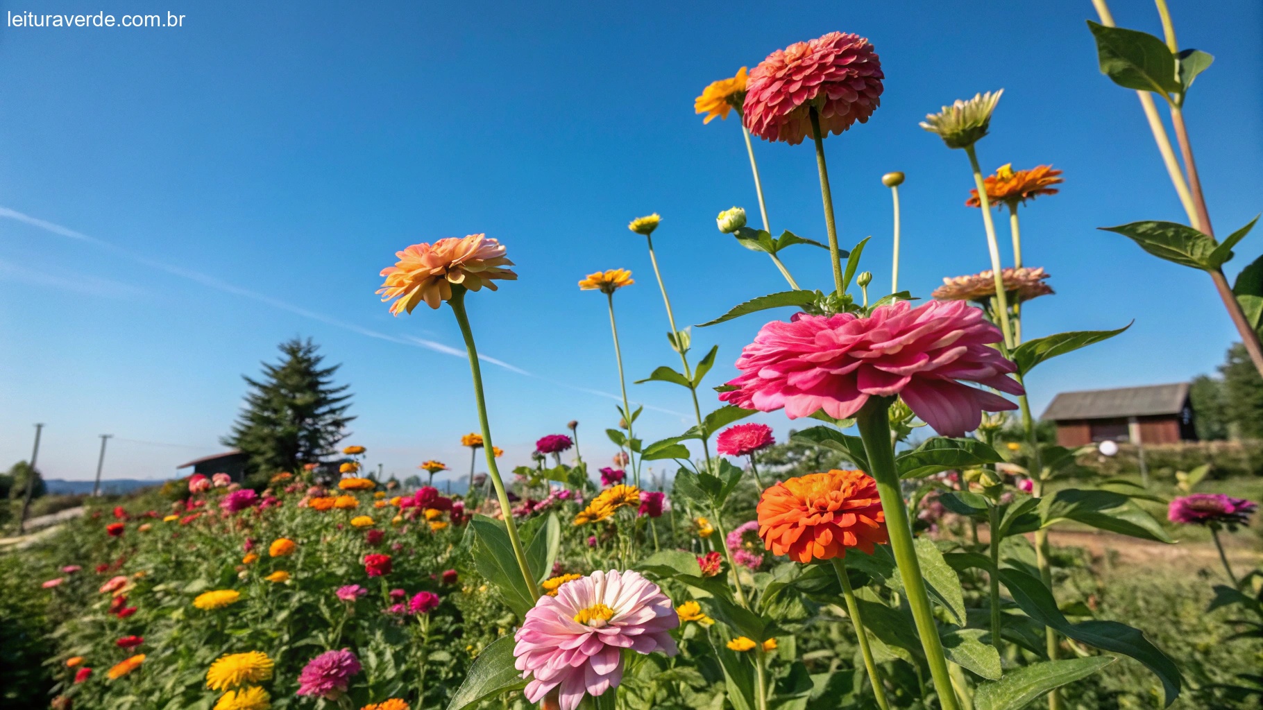 Cena matinal vibrante com flores coloridas, céu azul claro e uma sensação de energia positiva