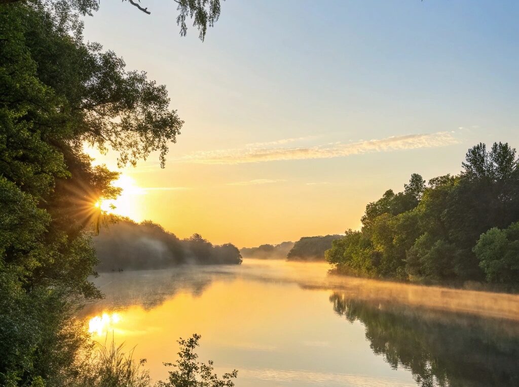 Um nascer do sol sereno sobre um lago calmo, com luz dourada suave refletindo na água, cercado por árvores verdes exuberantes e um céu azul claro