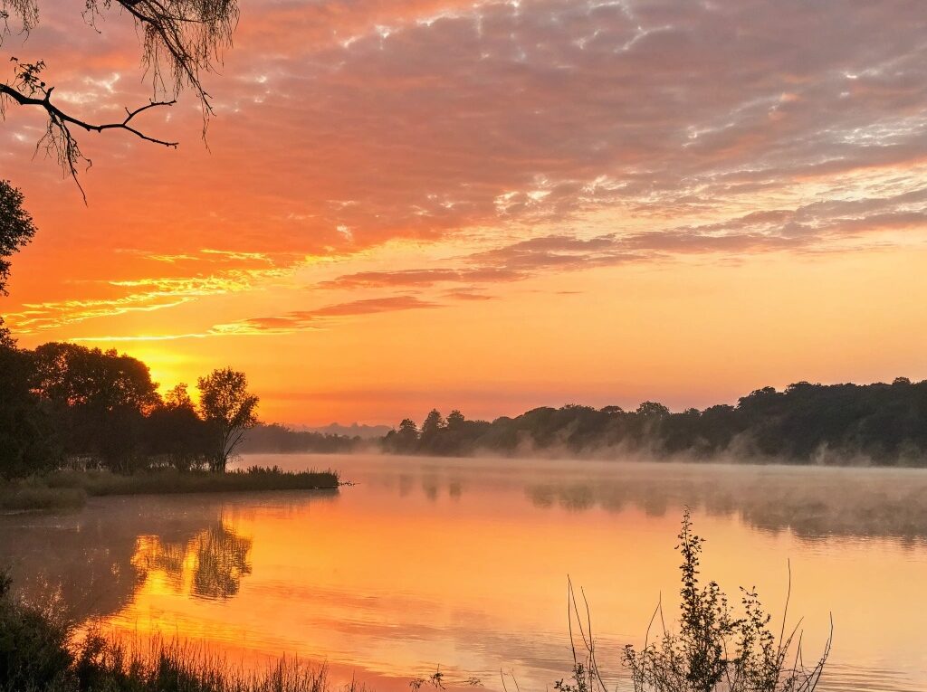 Um nascer do sol sereno sobre um lago calmo, com luz dourada suave refletindo na água, simbolizando um novo começo e energia positiva para uma manhã de terça-feira.