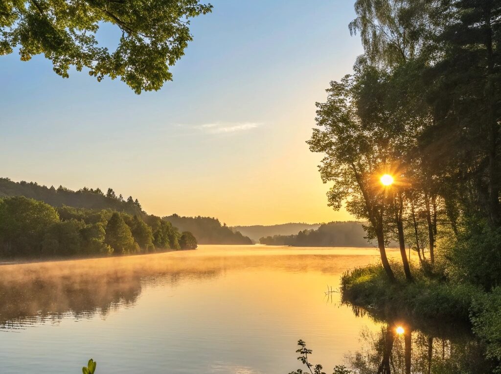 Um nascer do sol sereno sobre um lago calmo, com luz dourada refletindo na água, cercado por árvores verdes e um céu azul claro