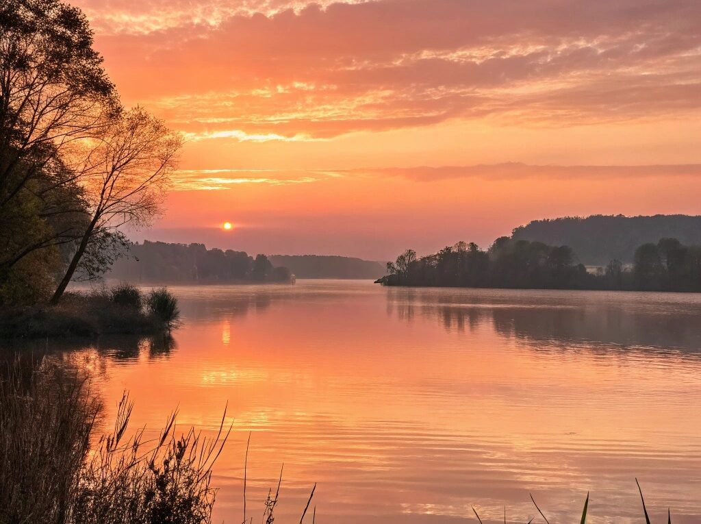 Um nascer do sol sereno sobre um lago calmo, com luz dourada suave refletindo na água, simbolizando uma manhã de terça-feira fresca e produtiva.