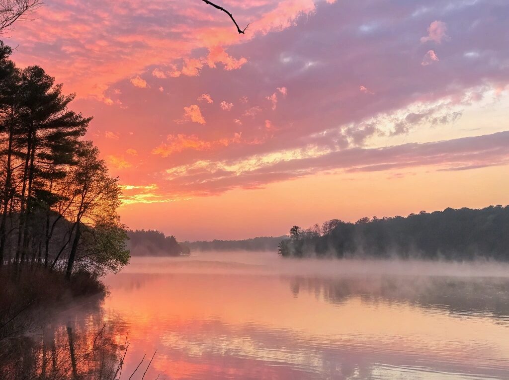 Um nascer do sol sereno sobre um lago calmo com cores pastéis suaves no céu, simbolizando um novo começo e novas oportunidades.