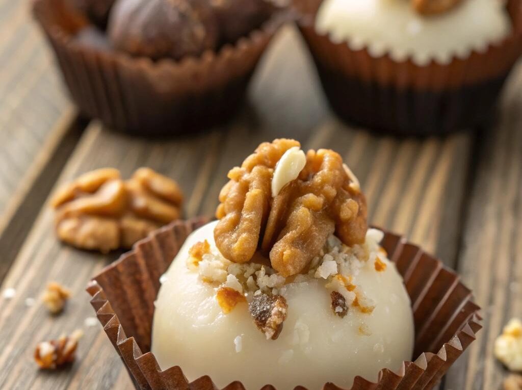 Brigadeiro gourmet com nozes, destacando sua textura cremosa e as nozes crocantes por cima, em uma mesa de madeira rústica com iluminação natural suave.